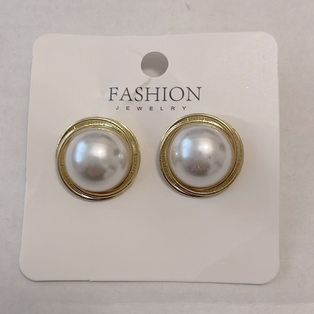 Gold Over 925 Sterling Silver Faux Pearl Decor Stud Earrings - Picture 6 of 6